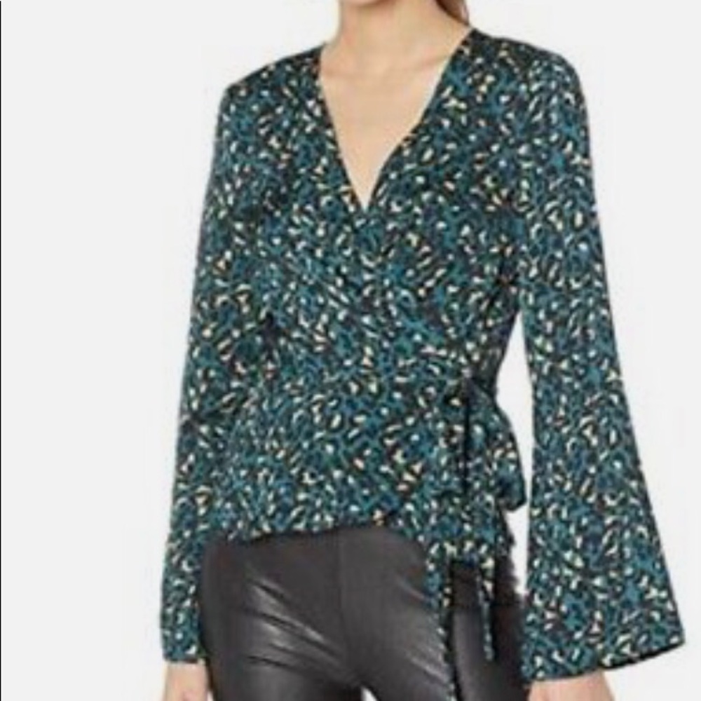 BCBGeneration leopard print bell sleeve wrap blouse size small
